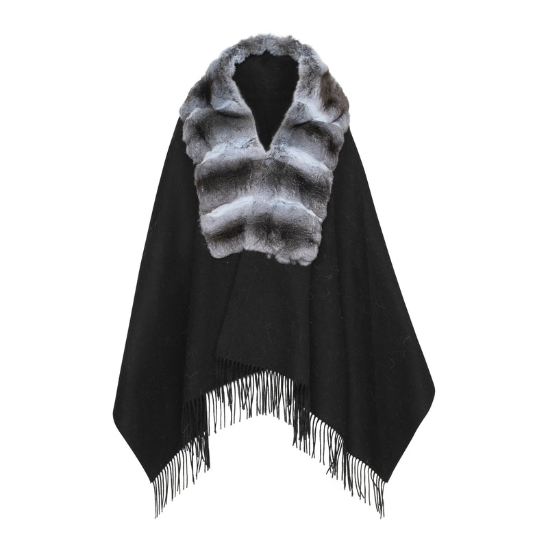 Women's Fur Trim Woven Cashmere Shawl Black