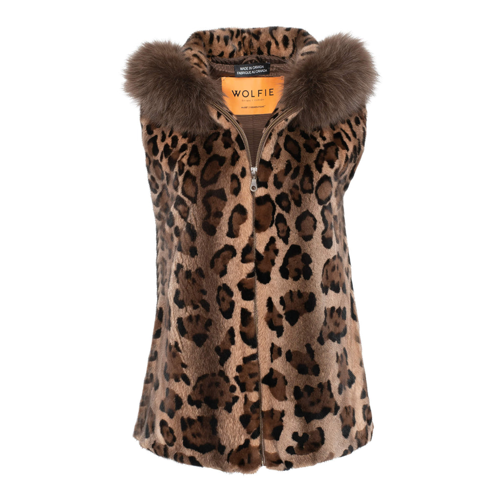 ELISE Animal print mink hooded vest with fox fur trim