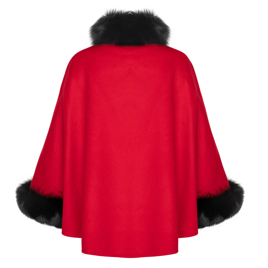 CAPE Button front fox trim cashmere cape