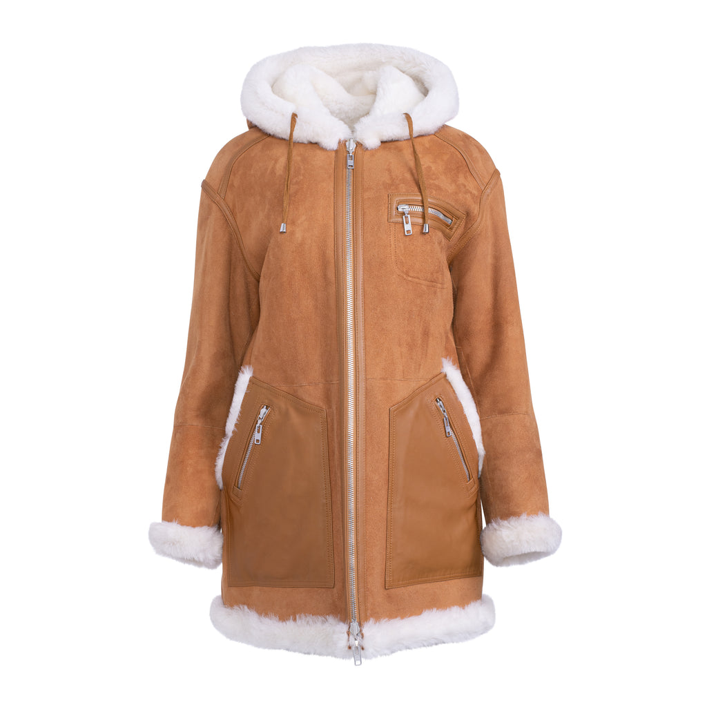 FAYER Reversible Hooded Shearling Sheepskin Teddy Coat