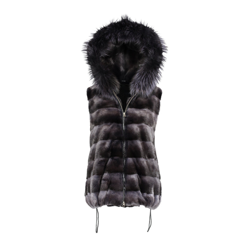 MARTHA Mink hooded vest with fox fur trim