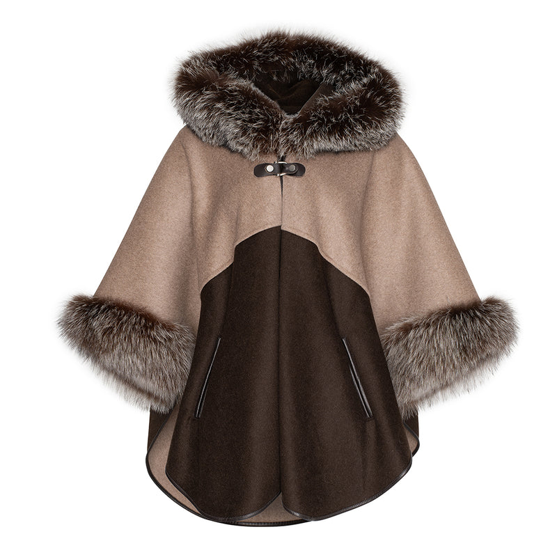 MONIQUE Cashmere hooded cape with fox fur trims