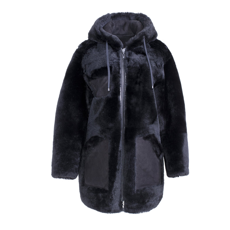 FAYER Reversible Hooded Shearling Sheepskin Teddy Coat