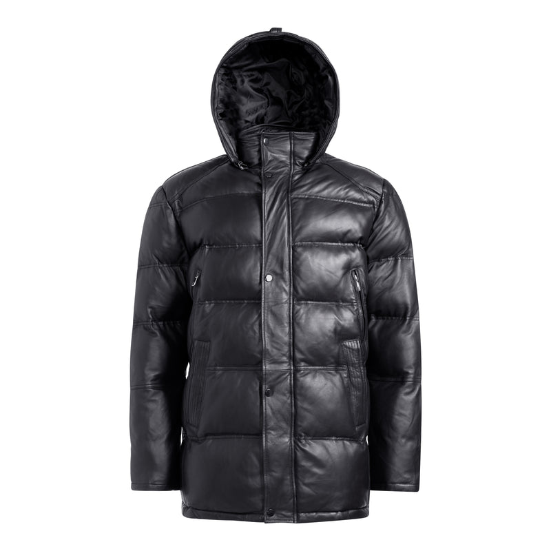 TYSON Men Hooded Leather Puffer Jacket